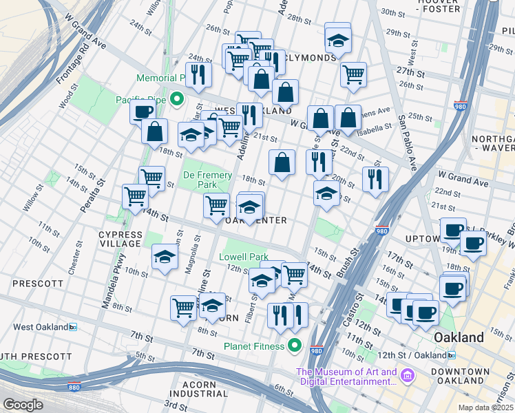 map of restaurants, bars, coffee shops, grocery stores, and more near 1014 16th Street in Oakland