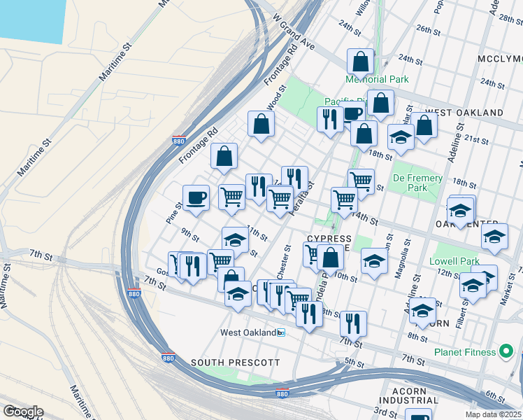 map of restaurants, bars, coffee shops, grocery stores, and more near 1657 12th Street in Oakland