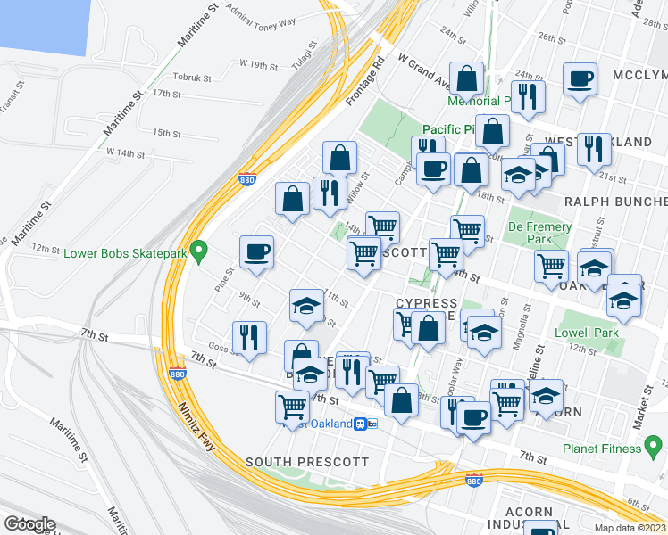 map of restaurants, bars, coffee shops, grocery stores, and more near 1657 12th Street in Oakland