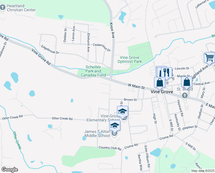 map of restaurants, bars, coffee shops, grocery stores, and more near 103-107 Otter Creek Rd in Vine Grove