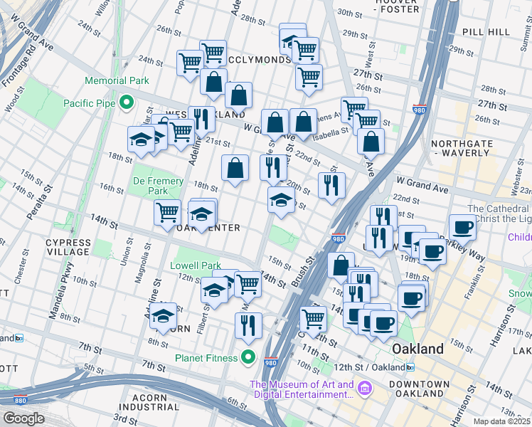 map of restaurants, bars, coffee shops, grocery stores, and more near 1601 Market Street in Oakland