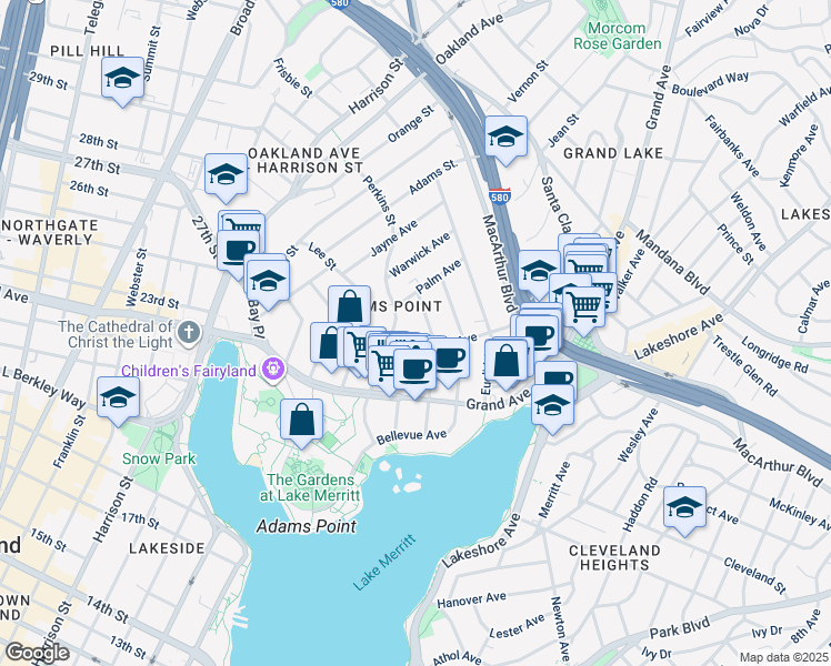 map of restaurants, bars, coffee shops, grocery stores, and more near 375 Van Buren Avenue in Oakland