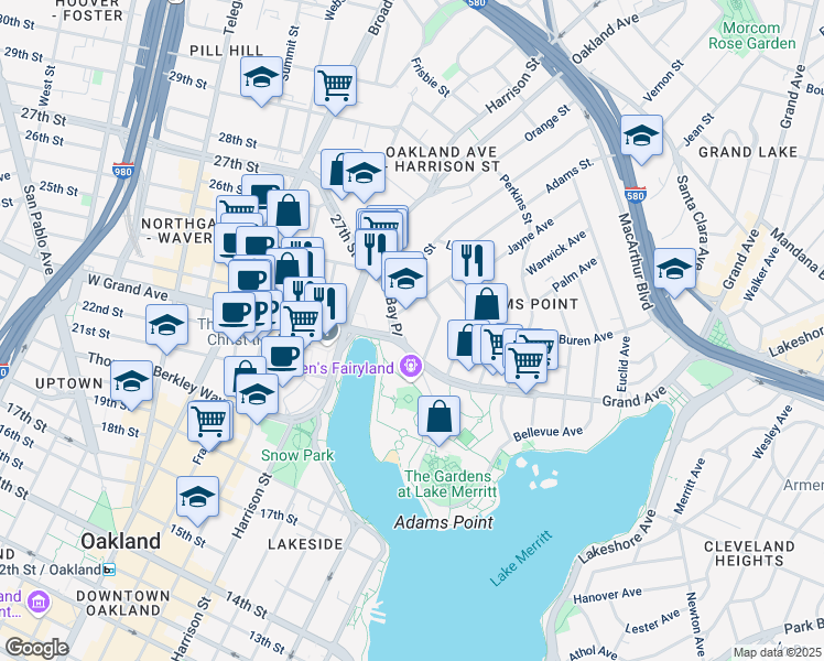 map of restaurants, bars, coffee shops, grocery stores, and more near 214 Grand Avenue in Oakland