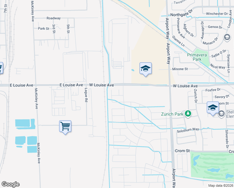 map of restaurants, bars, coffee shops, grocery stores, and more near 2632-2708 West Louise Avenue in Manteca