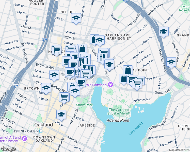 map of restaurants, bars, coffee shops, grocery stores, and more near Grand Avenue & Harrison Street in Oakland