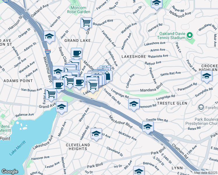 map of restaurants, bars, coffee shops, grocery stores, and more near 612 Longridge Rd in Oakland