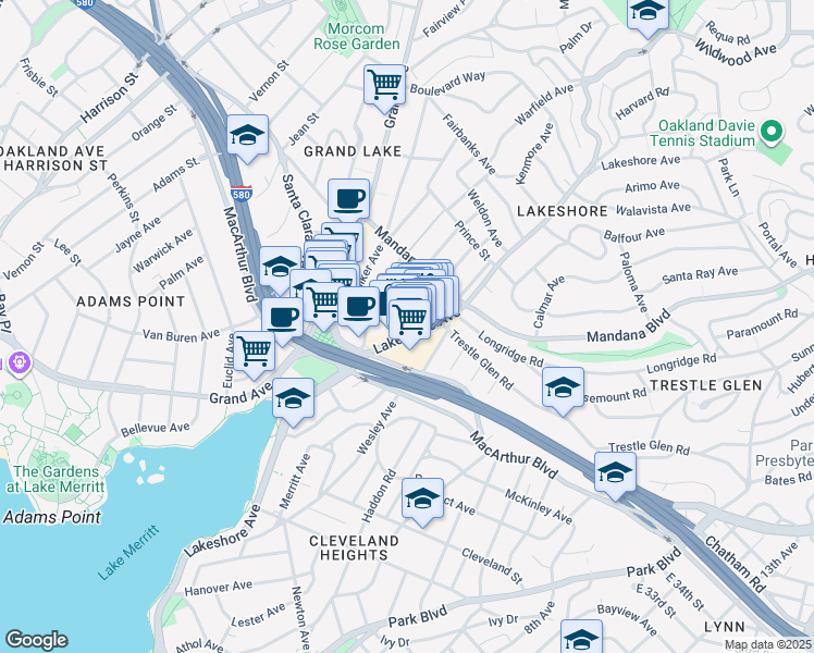 map of restaurants, bars, coffee shops, grocery stores, and more near 3300 Lakeshore Avenue in Oakland