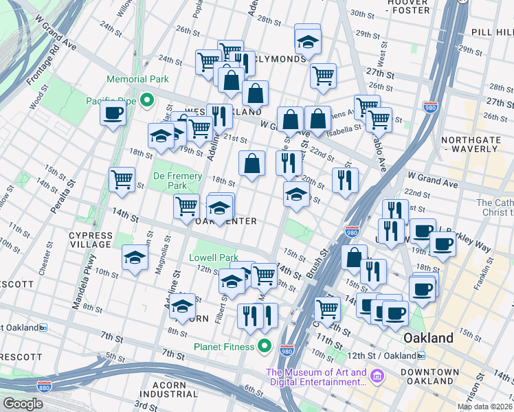 map of restaurants, bars, coffee shops, grocery stores, and more near 954 16th Street in Oakland