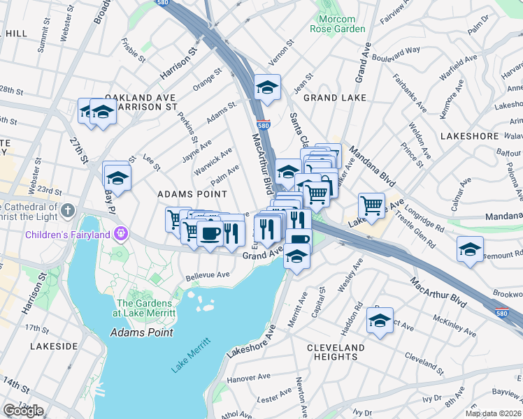 map of restaurants, bars, coffee shops, grocery stores, and more near in Oakland