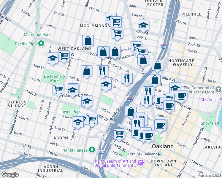 map of restaurants, bars, coffee shops, grocery stores, and more near 850 18th Street in Oakland