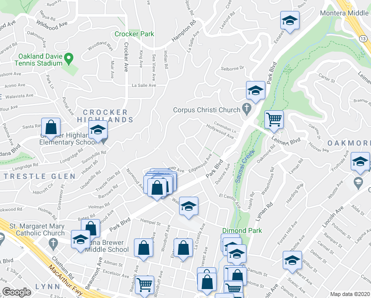 map of restaurants, bars, coffee shops, grocery stores, and more near 1106 Glendora Avenue in Oakland