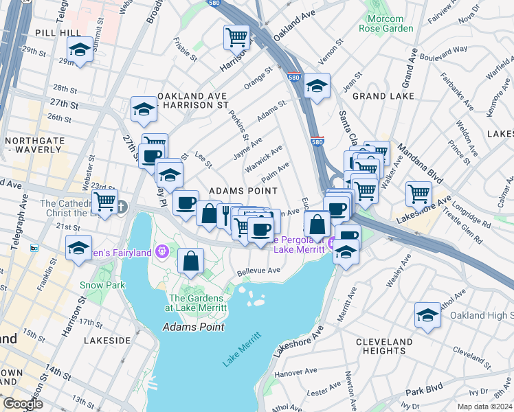 map of restaurants, bars, coffee shops, grocery stores, and more near 375 Van Buren Avenue in Oakland