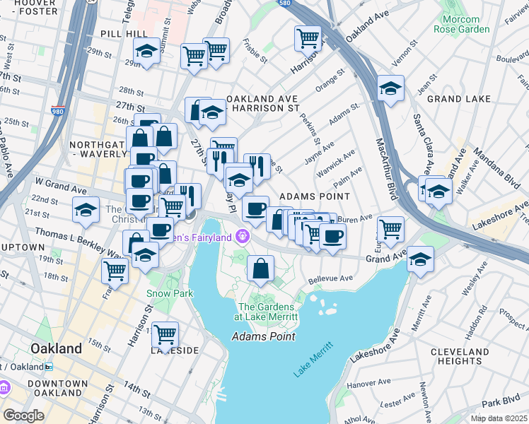 map of restaurants, bars, coffee shops, grocery stores, and more near 330 Park View Terrace in Oakland