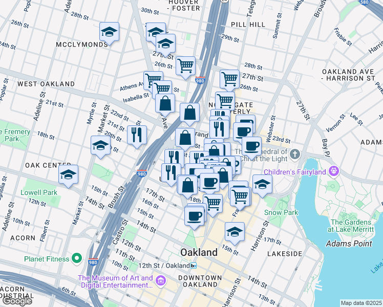 map of restaurants, bars, coffee shops, grocery stores, and more near 630 20th Street in Oakland