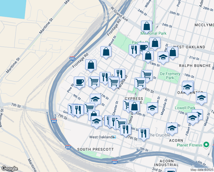 map of restaurants, bars, coffee shops, grocery stores, and more near 1657 12th Street in Oakland