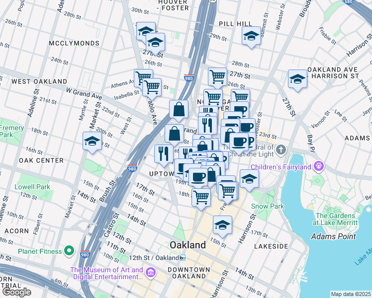 map of restaurants, bars, coffee shops, grocery stores, and more near 556 Thomas L Berkley Way in Oakland