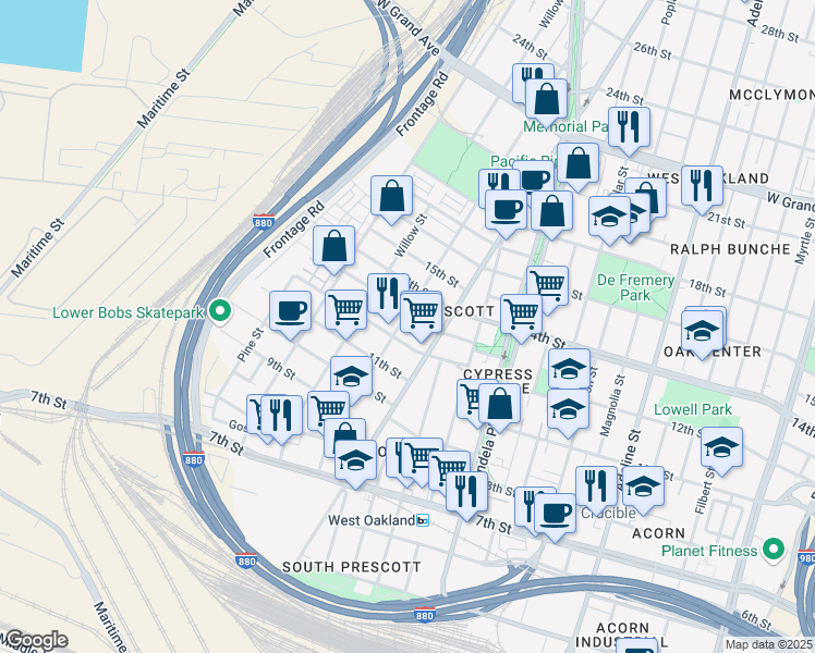 map of restaurants, bars, coffee shops, grocery stores, and more near 1222 Campbell Street in Oakland