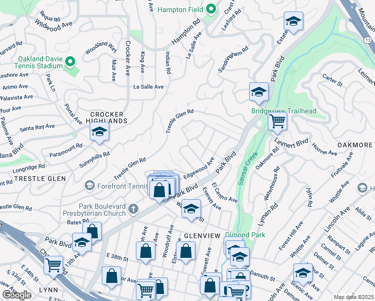 map of restaurants, bars, coffee shops, grocery stores, and more near 1059 El Centro Avenue in Oakland