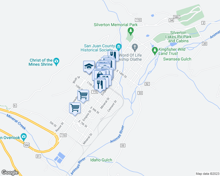 map of restaurants, bars, coffee shops, grocery stores, and more near East 12th Street in Silverton