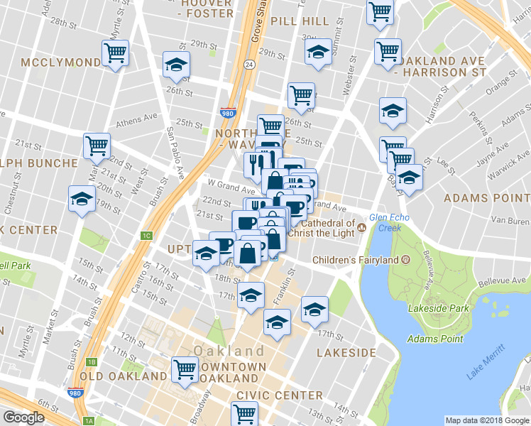 map of restaurants, bars, coffee shops, grocery stores, and more near 2150 Telegraph Avenue in Oakland