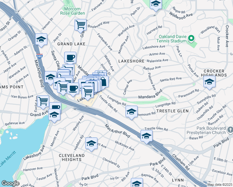 map of restaurants, bars, coffee shops, grocery stores, and more near 630 Mandana Boulevard in Oakland