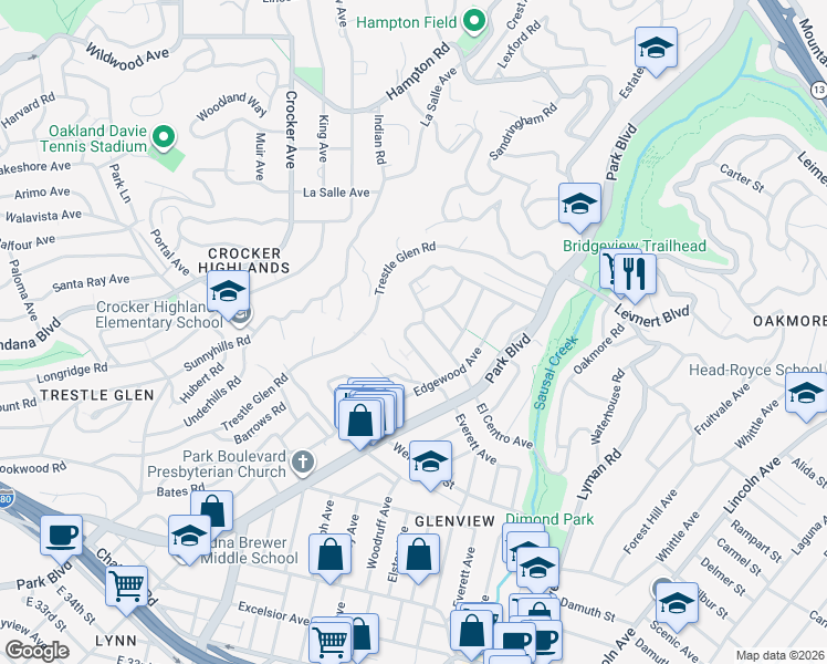 map of restaurants, bars, coffee shops, grocery stores, and more near 1018 Glendora Avenue in Oakland