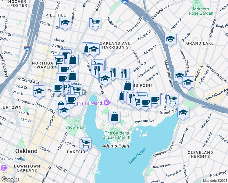 map of restaurants, bars, coffee shops, grocery stores, and more near Park View Terrace in Oakland