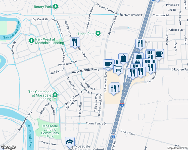 map of restaurants, bars, coffee shops, grocery stores, and more near 329 Craftsman Drive in Lathrop