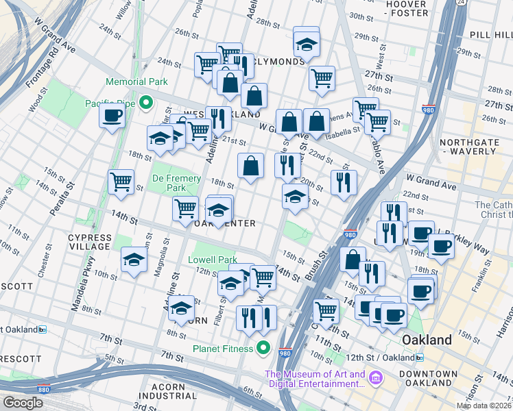 map of restaurants, bars, coffee shops, grocery stores, and more near 954 16th Street in Oakland