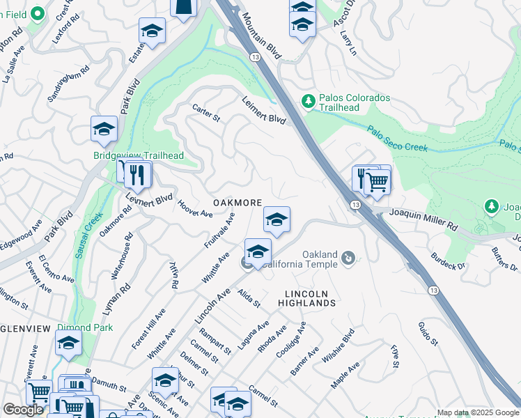map of restaurants, bars, coffee shops, grocery stores, and more near 4336 Whittle Avenue in Oakland