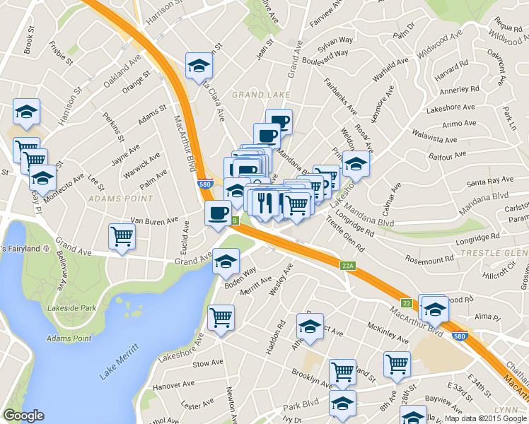 map of restaurants, bars, coffee shops, grocery stores, and more near 746 Grand Avenue in Oakland