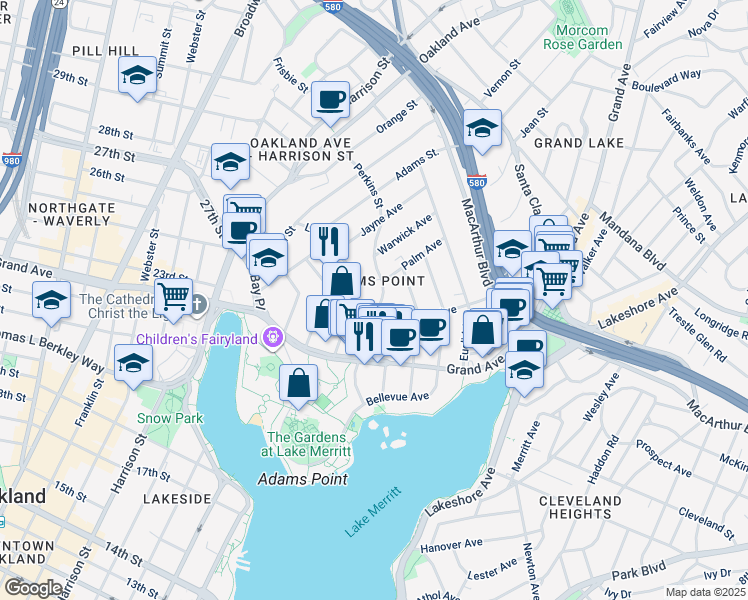 map of restaurants, bars, coffee shops, grocery stores, and more near 406 Lee Street in Oakland