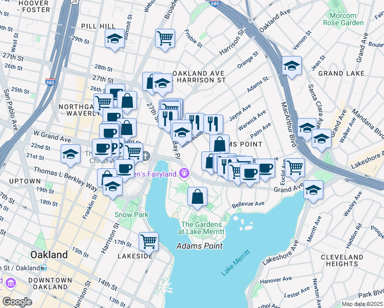 map of restaurants, bars, coffee shops, grocery stores, and more near 330 Park View Terrace in Oakland