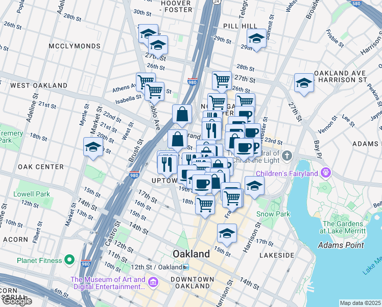 map of restaurants, bars, coffee shops, grocery stores, and more near 556 Thomas L Berkley Way in Oakland