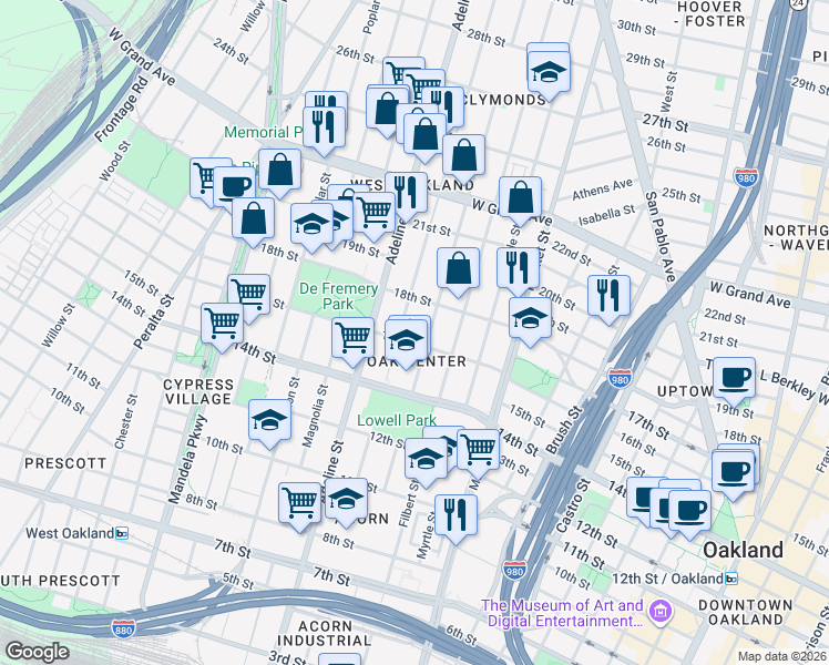 map of restaurants, bars, coffee shops, grocery stores, and more near 1099 16th Street in Oakland