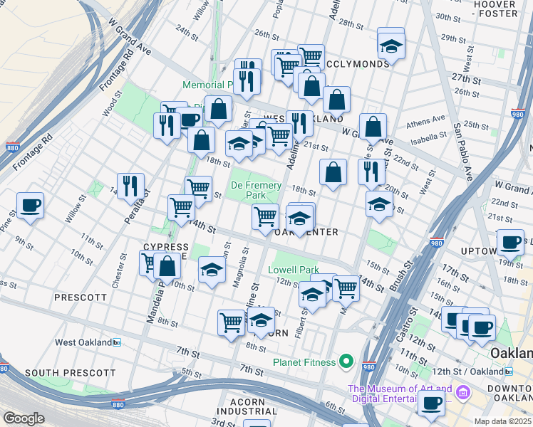 map of restaurants, bars, coffee shops, grocery stores, and more near 1511 Adeline Street in Oakland