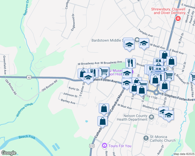 map of restaurants, bars, coffee shops, grocery stores, and more near 501-599 W Stephen Foster Ave in Bardstown