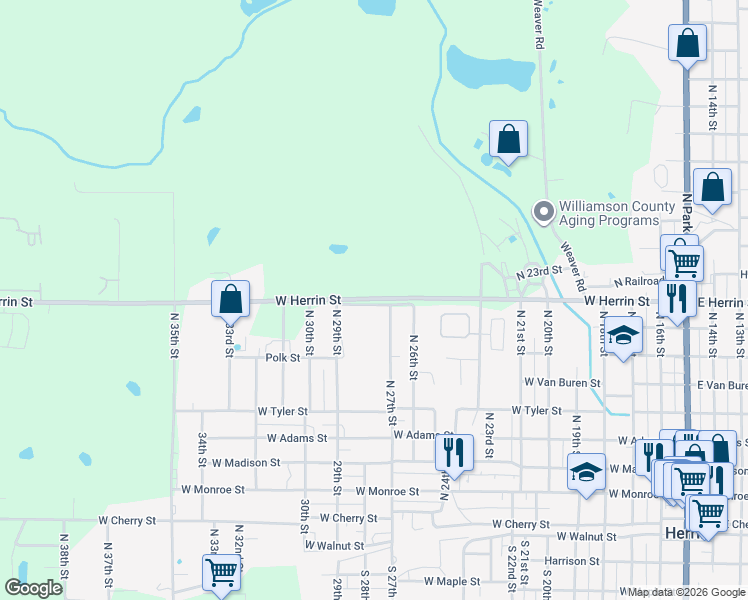 map of restaurants, bars, coffee shops, grocery stores, and more near 1307 West Herrin Street in Herrin