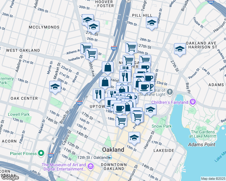 map of restaurants, bars, coffee shops, grocery stores, and more near 556 Thomas L Berkley Way in Oakland
