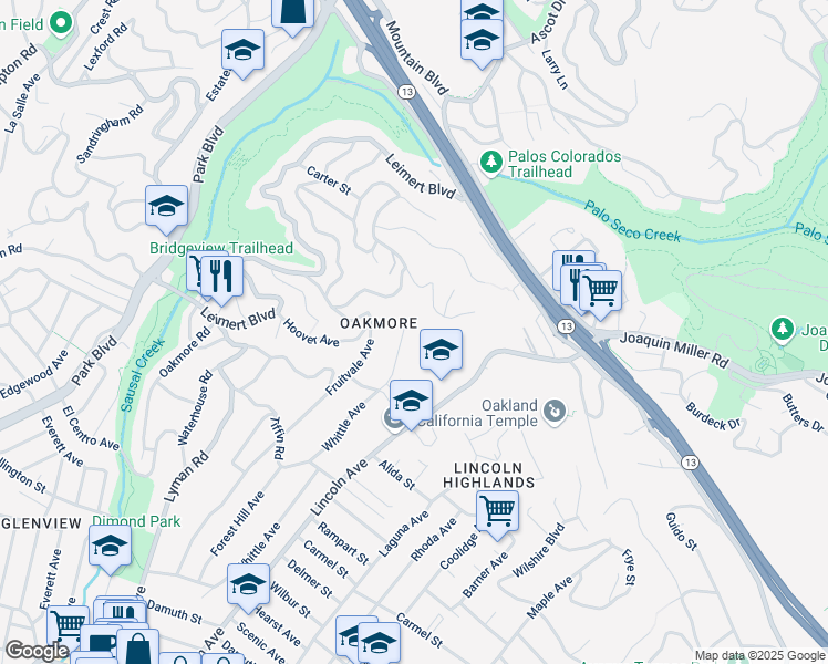 map of restaurants, bars, coffee shops, grocery stores, and more near 4336 Whittle Avenue in Oakland