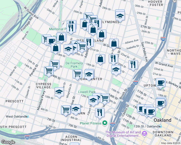 map of restaurants, bars, coffee shops, grocery stores, and more near 1099 16th Street in Oakland