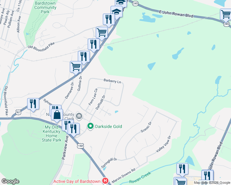 map of restaurants, bars, coffee shops, grocery stores, and more near 101 Barberry Court in Bardstown