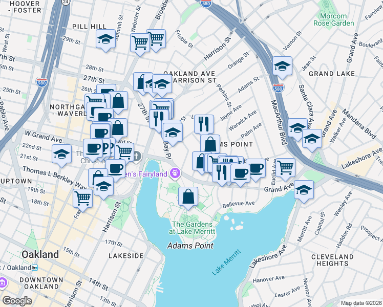 map of restaurants, bars, coffee shops, grocery stores, and more near 290 Park View Terrace in Oakland