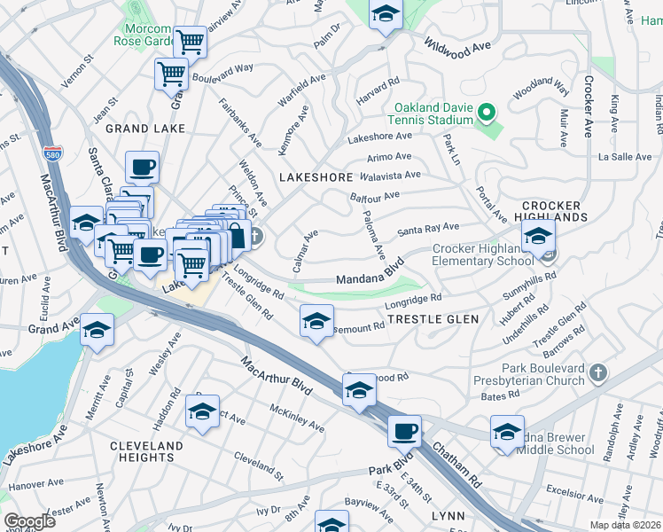 map of restaurants, bars, coffee shops, grocery stores, and more near 681 Santa Ray Avenue in Oakland