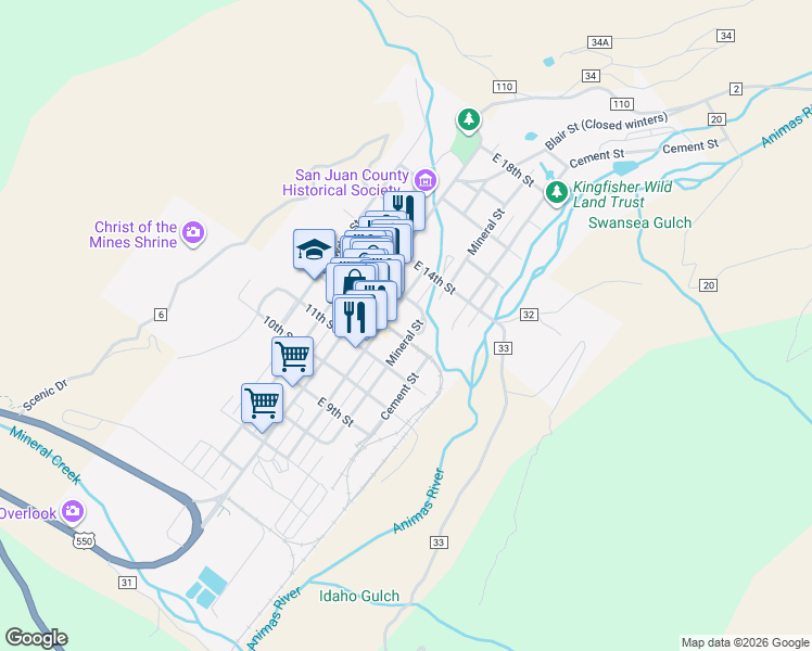 map of restaurants, bars, coffee shops, grocery stores, and more near East 12th Street in Silverton