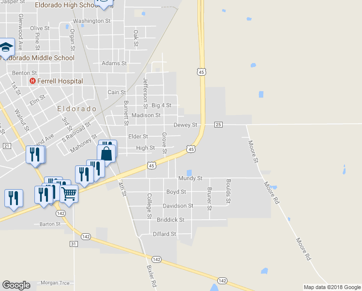 map of restaurants, bars, coffee shops, grocery stores, and more near 550 U.S. 45 in Eldorado