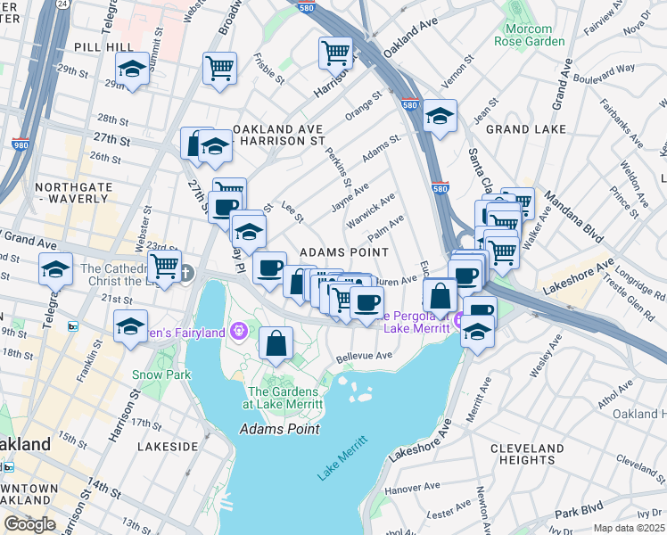map of restaurants, bars, coffee shops, grocery stores, and more near 320 Lee Street in Oakland