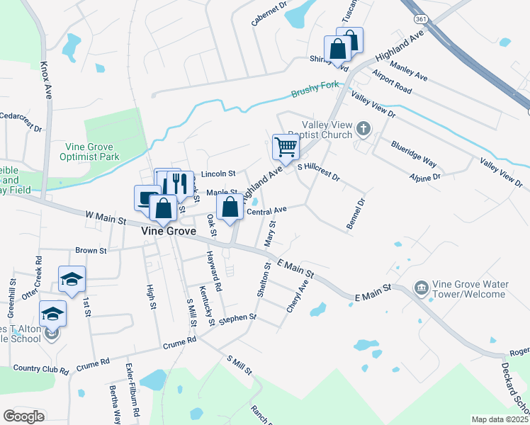 map of restaurants, bars, coffee shops, grocery stores, and more near 200 Edelen Street in Vine Grove