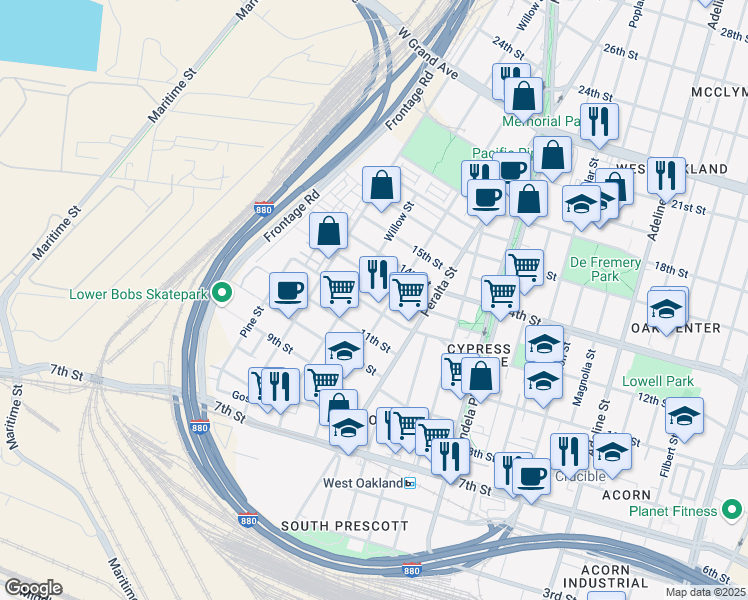 map of restaurants, bars, coffee shops, grocery stores, and more near 1668 12th Street in Oakland