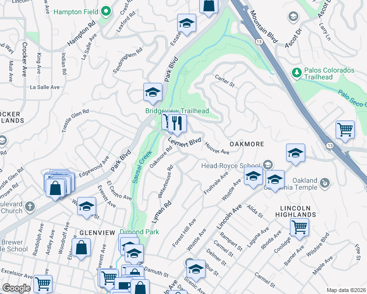 map of restaurants, bars, coffee shops, grocery stores, and more near 1531 Leimert Boulevard in Oakland